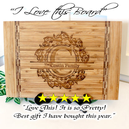 Split Monogram Personalized Bamboo Cutting Board with Easel - Eco-Friendly Housewarming Gift for New Home