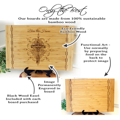 Christian Gifts of a Detailed Cross Engraved on Bamboo Wood Cutting Board, makes great Environmentally Friendly Gift, Wooden Easel Included