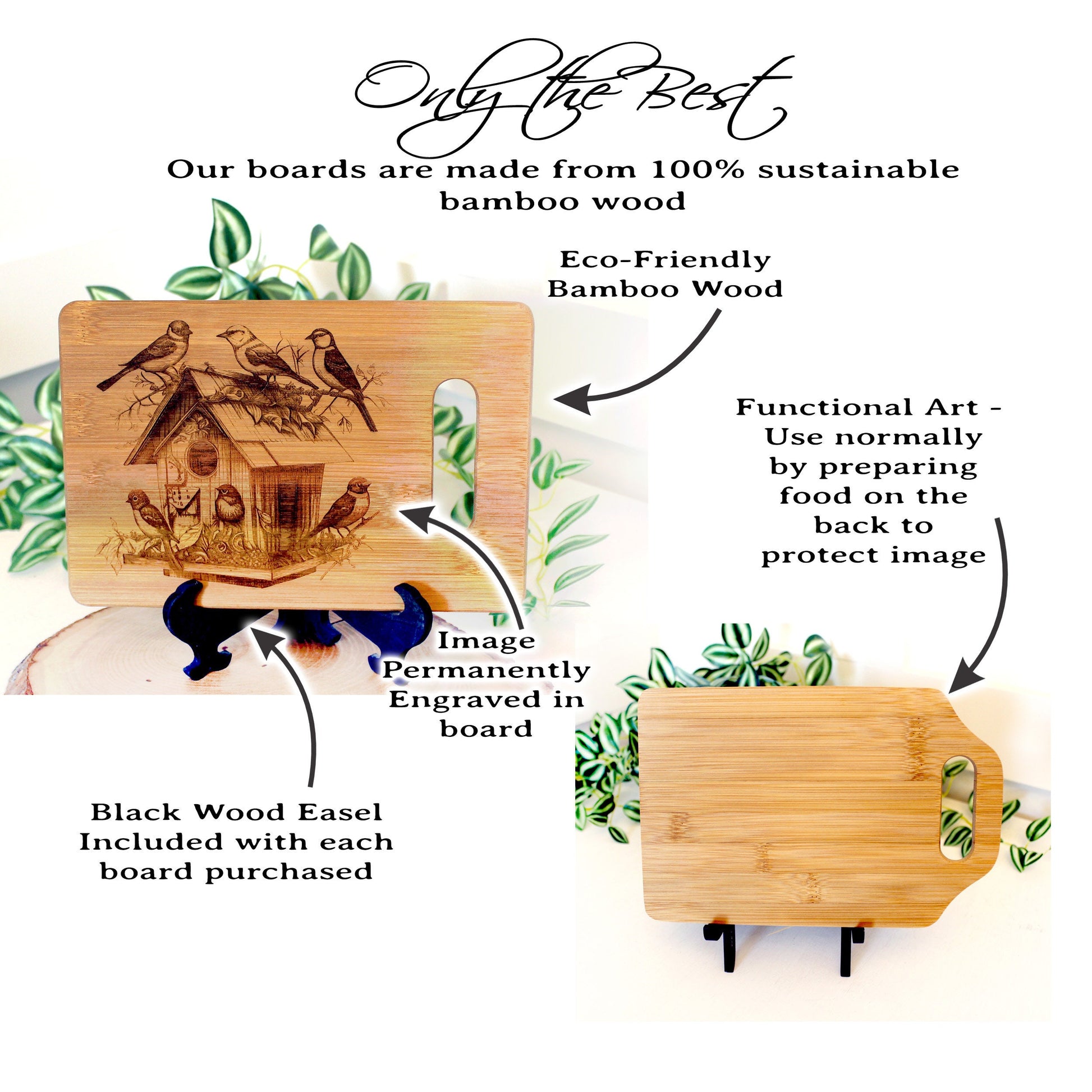 Beautiful Detailed Birdhouse/Birds Engraved on a Bamboo Cheese Cutting Board. Decorate your Kitchen. Wooden easel included.