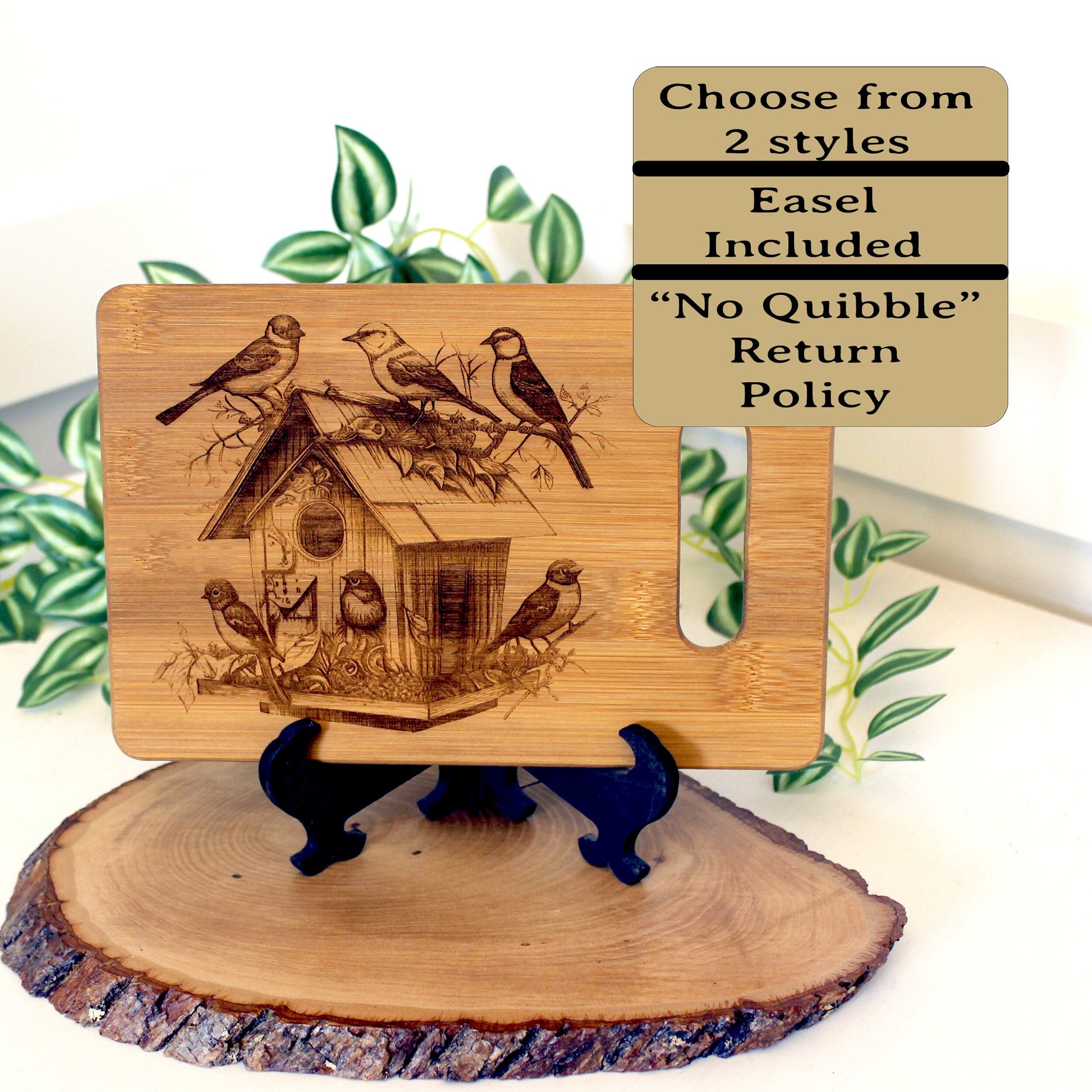 Beautiful Detailed Birdhouse/Birds Engraved on a Bamboo Cheese Cutting Board. Decorate your Kitchen. Wooden easel included.