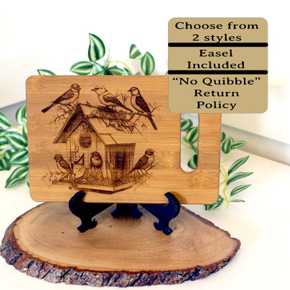 Beautiful Detailed Birdhouse/Birds Engraved on a Bamboo Cheese Cutting Board. Decorate your Kitchen. Wooden easel included.