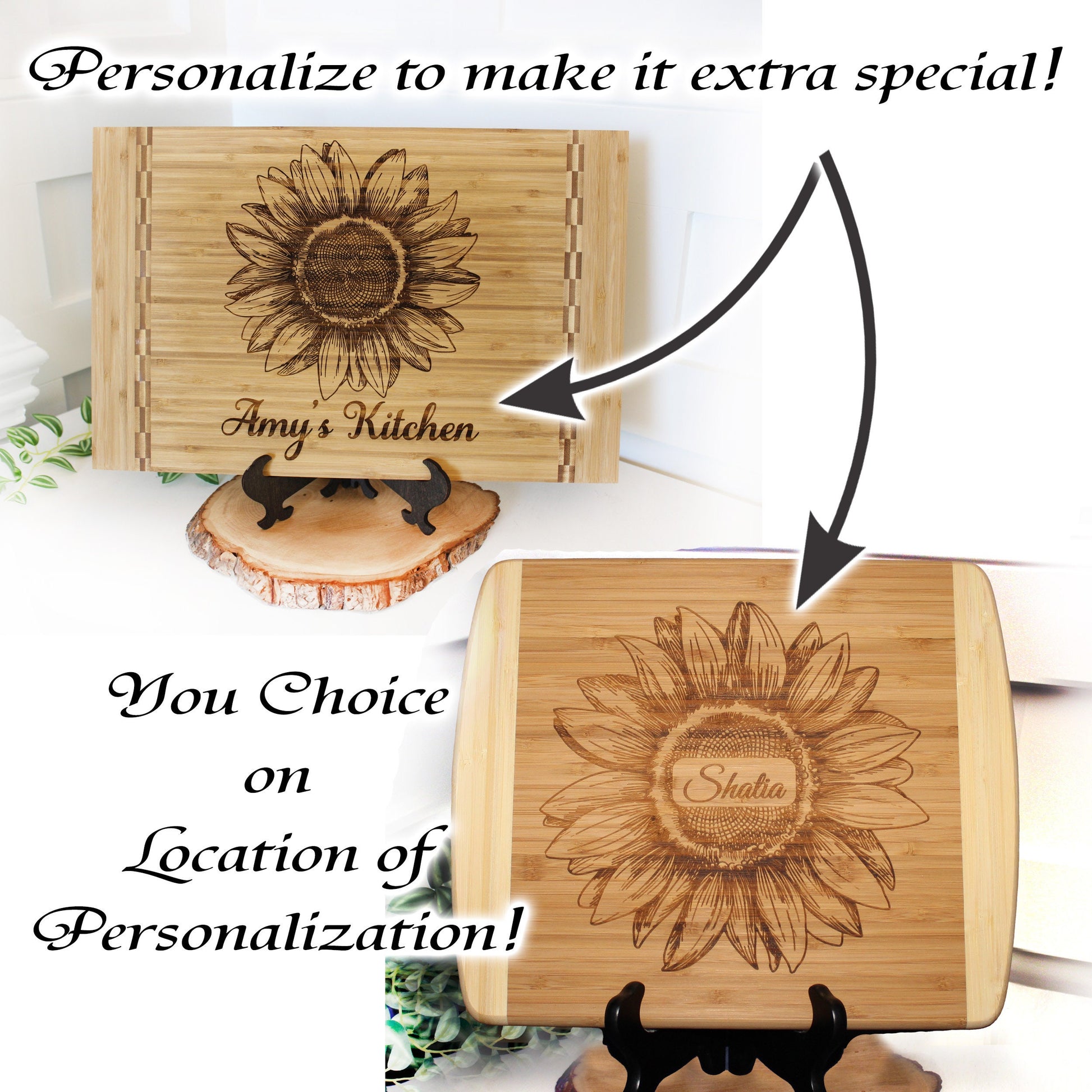 Sunflower Kitchen Decor - Personalized Bamboo Cutting Board for Mother's Day, great Environmentally Friendly Gifts, Wooden Easel Included