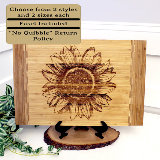 Sunflower Kitchen Decor - Personalized Bamboo Cutting Board for Mother's Day, great Environmentally Friendly Gifts, Wooden Easel Included