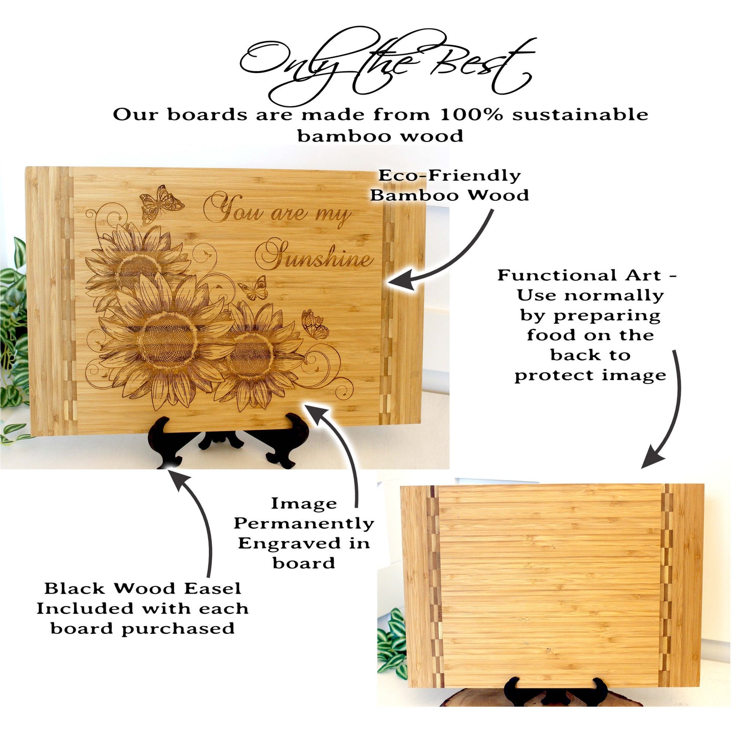 Sunflowers and Butterflies Kitchen Decor - Personalized Bamboo Cutting Board, great Environmentally Friendly Gifts, Wooden Easel Included