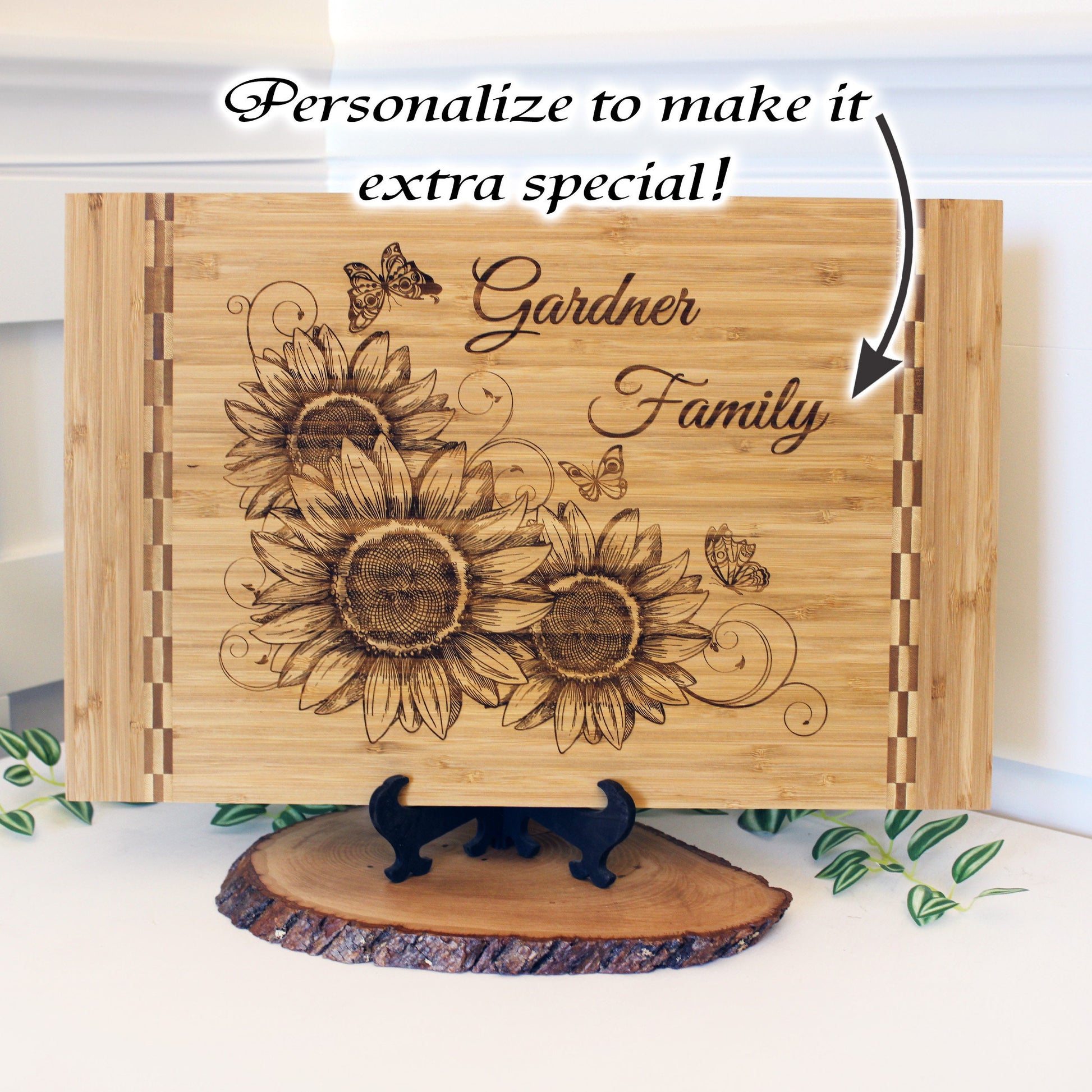Sunflowers and Butterflies Kitchen Decor - Personalized Bamboo Cutting Board, great Environmentally Friendly Gifts, Wooden Easel Included