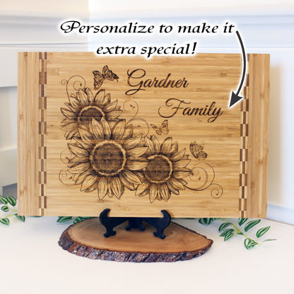 Sunflowers and Butterflies Kitchen Decor - Personalized Bamboo Cutting Board, great Environmentally Friendly Gifts, Wooden Easel Included