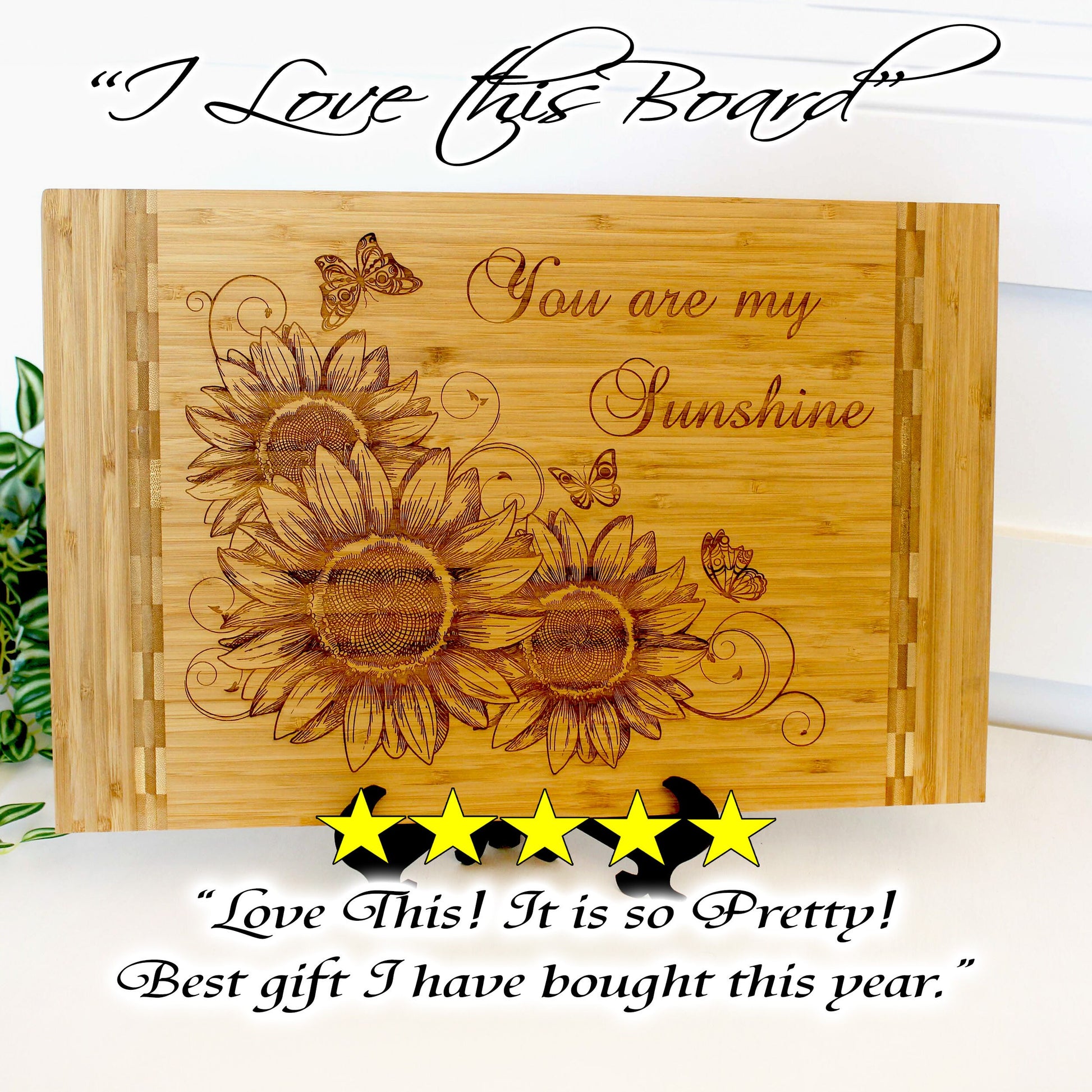 Sunflowers and Butterflies Kitchen Decor - Personalized Bamboo Cutting Board, great Environmentally Friendly Gifts, Wooden Easel Included