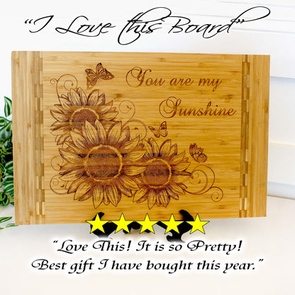 Sunflowers and Butterflies Kitchen Decor - Personalized Bamboo Cutting Board, great Environmentally Friendly Gifts, Wooden Easel Included