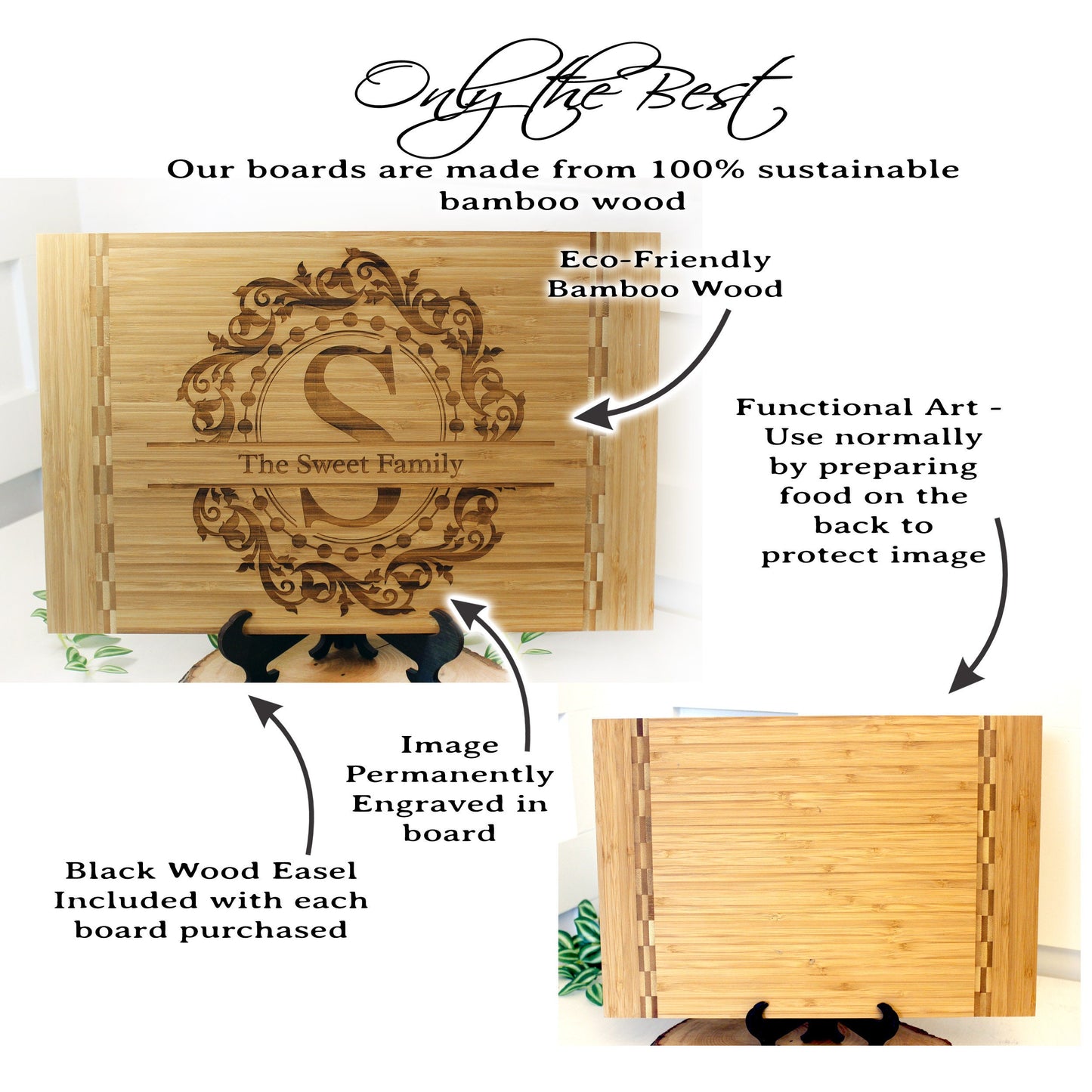 Split Monogram Personalized Bamboo Cutting Board with Easel - Eco-Friendly Housewarming Gift for New Home