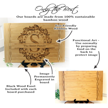 Split Monogram Personalized Bamboo Cutting Board with Easel - Eco-Friendly Housewarming Gift for New Home