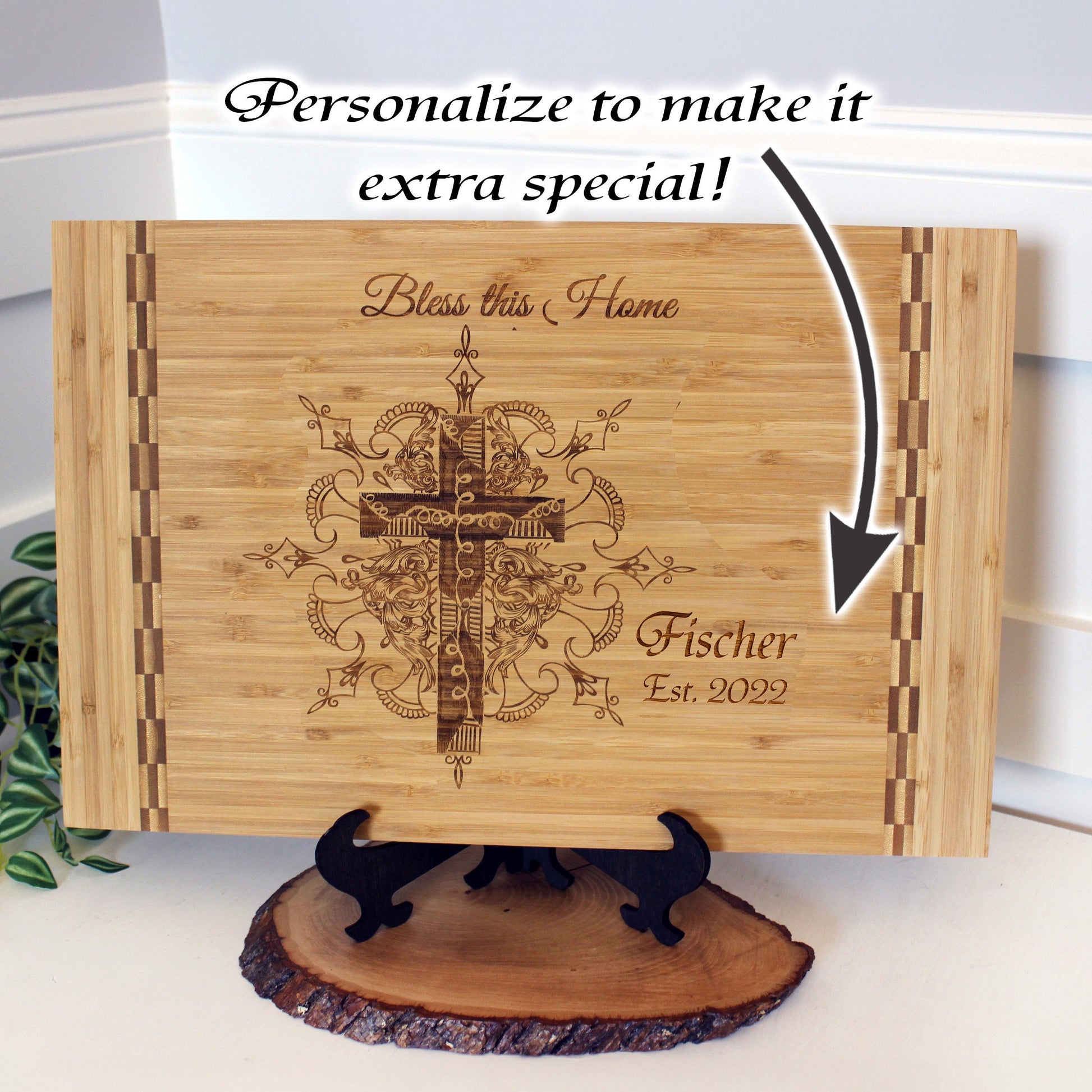 Christian Gifts of a Detailed Cross Engraved on Bamboo Wood Cutting Board, makes great Environmentally Friendly Gift, Wooden Easel Included