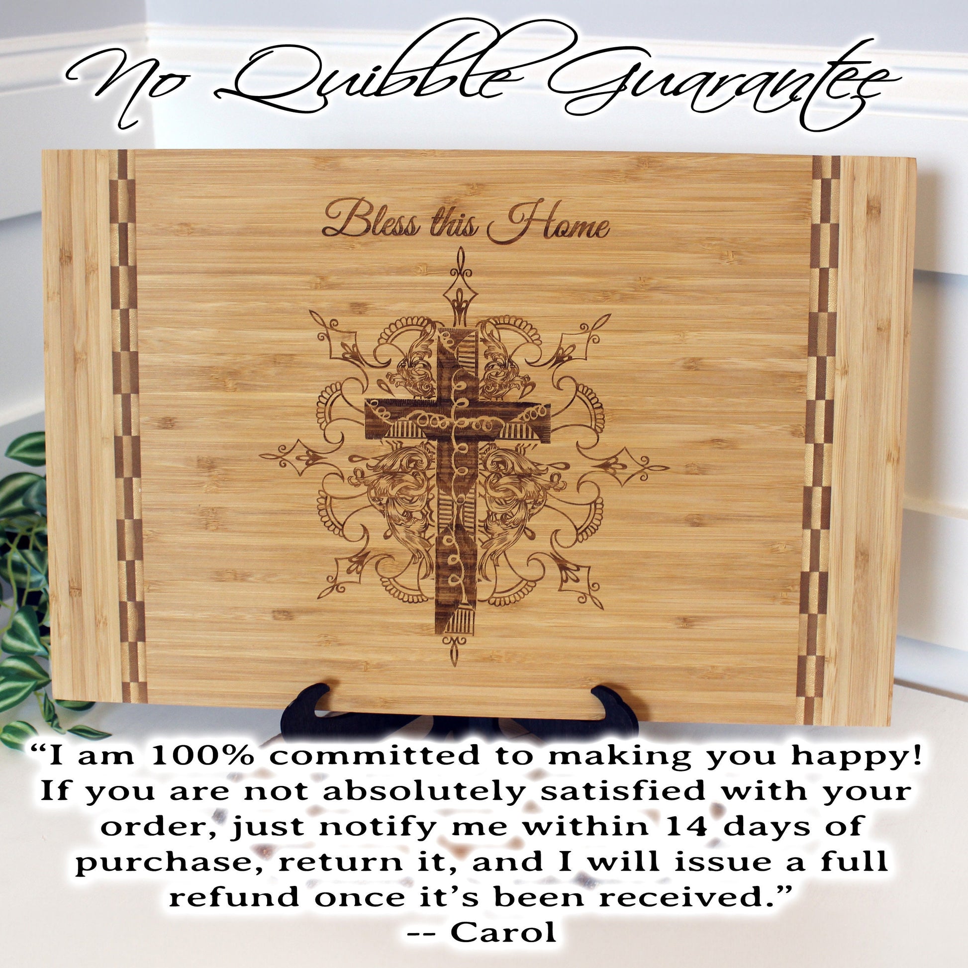 Christian Gifts of a Detailed Cross Engraved on Bamboo Wood Cutting Board, makes great Environmentally Friendly Gift, Wooden Easel Included
