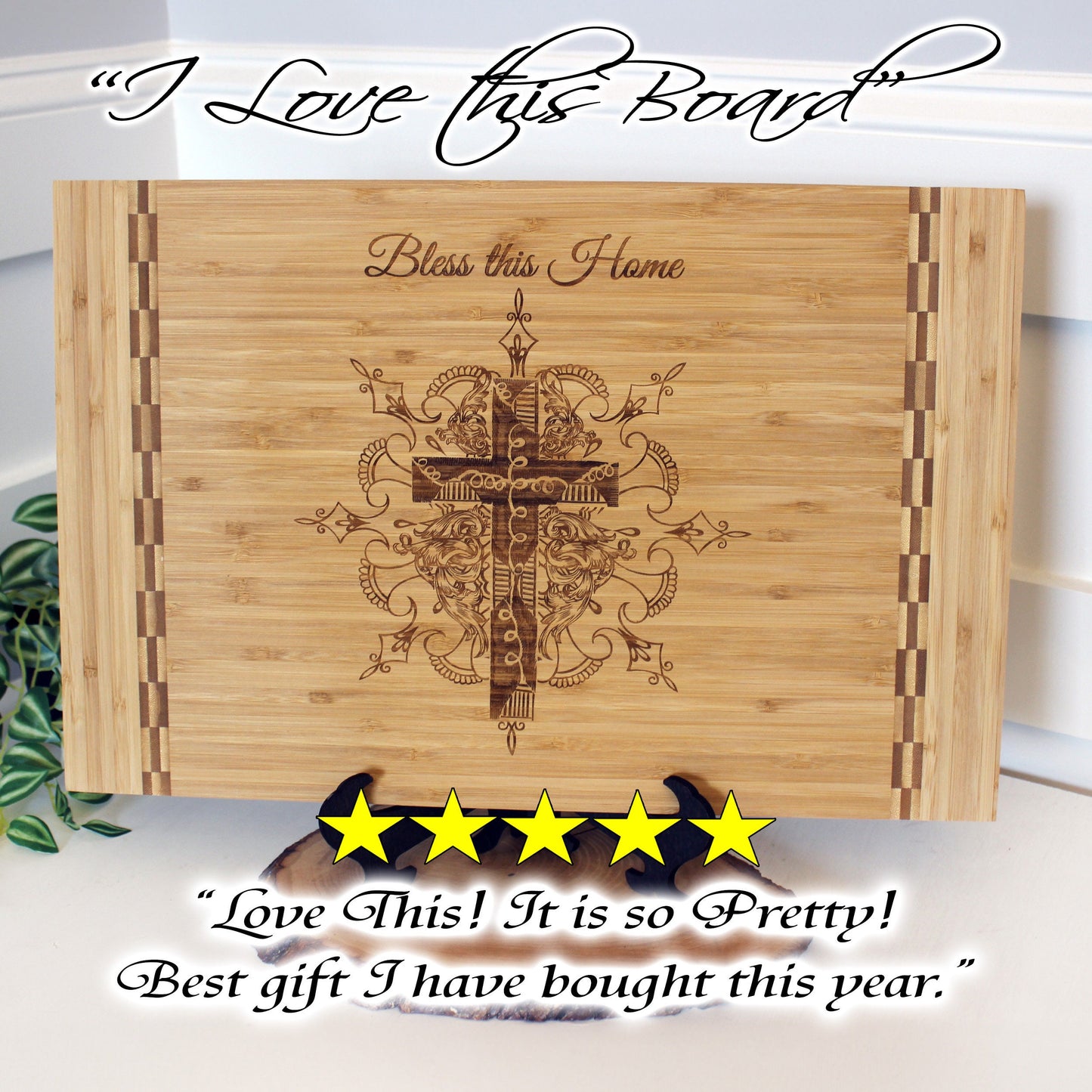 Christian Gifts of a Detailed Cross Engraved on Bamboo Wood Cutting Board, makes great Environmentally Friendly Gift, Wooden Easel Included