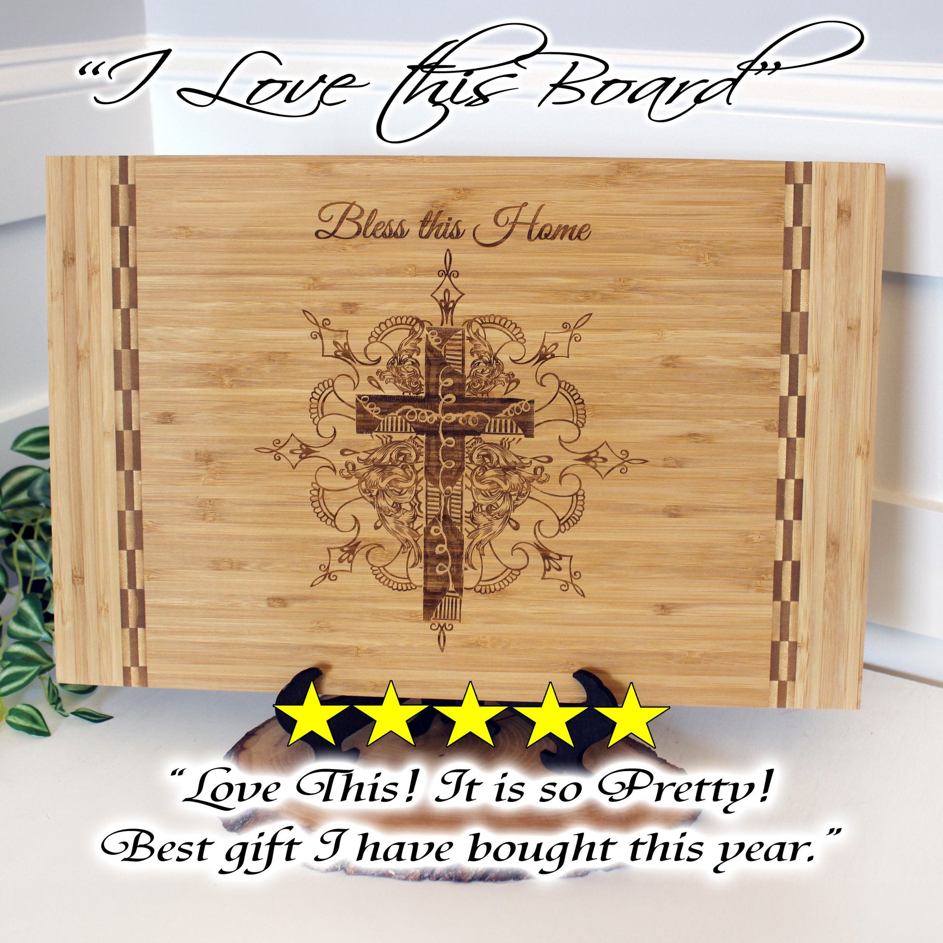 Christian Gifts of a Detailed Cross Engraved on Bamboo Wood Cutting Board, makes great Environmentally Friendly Gift, Wooden Easel Included