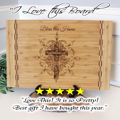 Christian Gifts of a Detailed Cross Engraved on Bamboo Wood Cutting Board, makes great Environmentally Friendly Gift, Wooden Easel Included