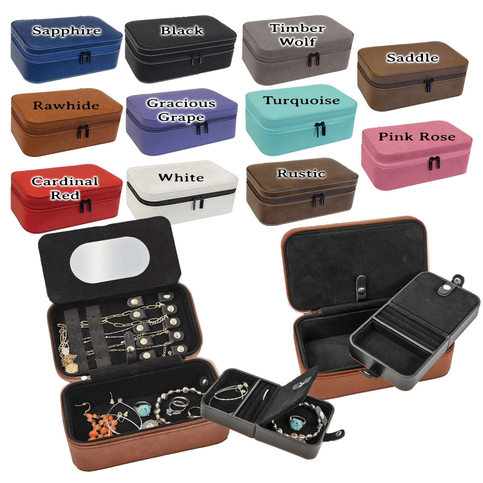 Spring Birds and Flowers Travel Jewelry Case – Floral Faux Leather Zip Organizer with Mirror, Personalized Name