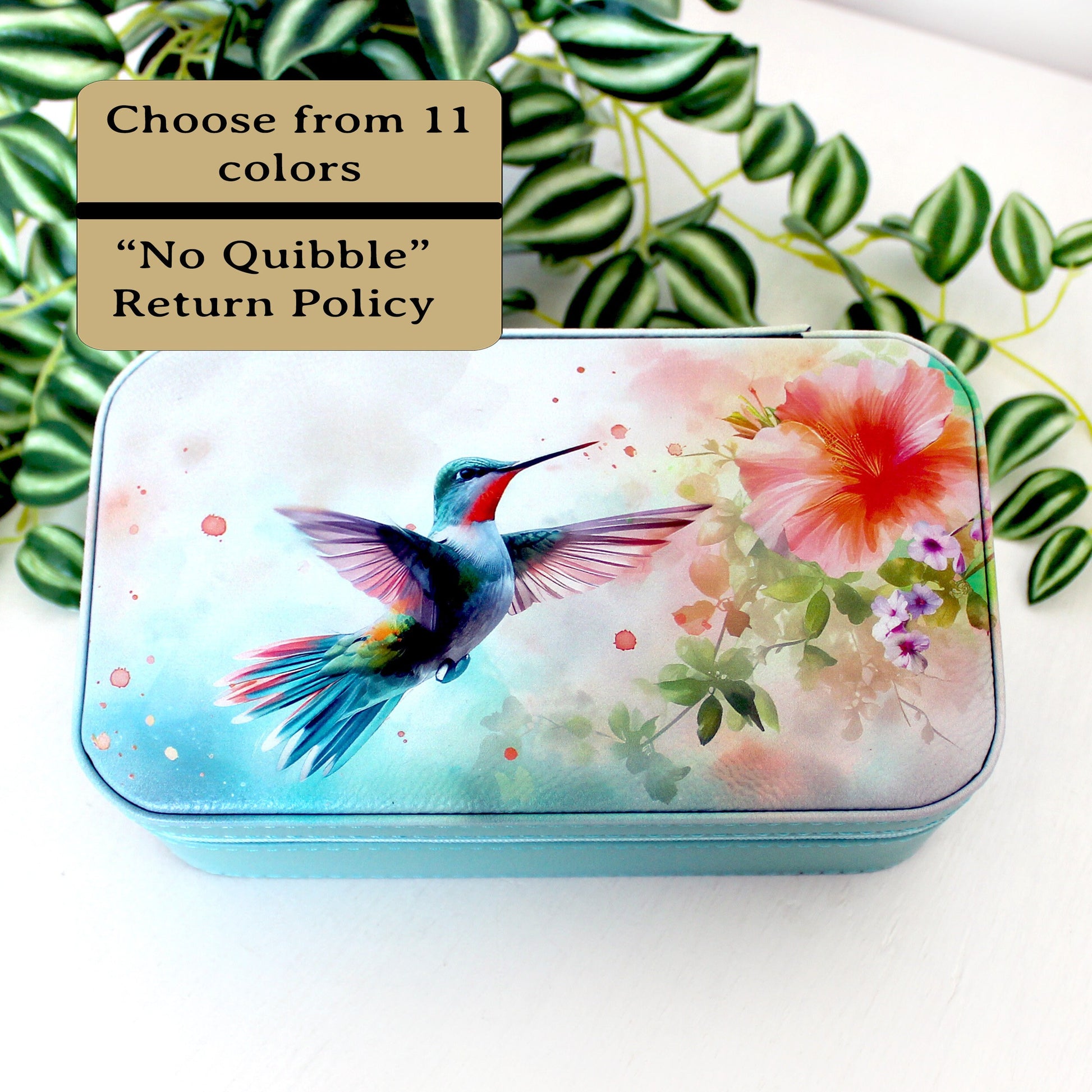 Personalize Leather Jewelry Travel Case, Custom Jewelry Organizer, Large Faux Leather Jewelry Travel Case, Hummingbird Travel Jewelry Box