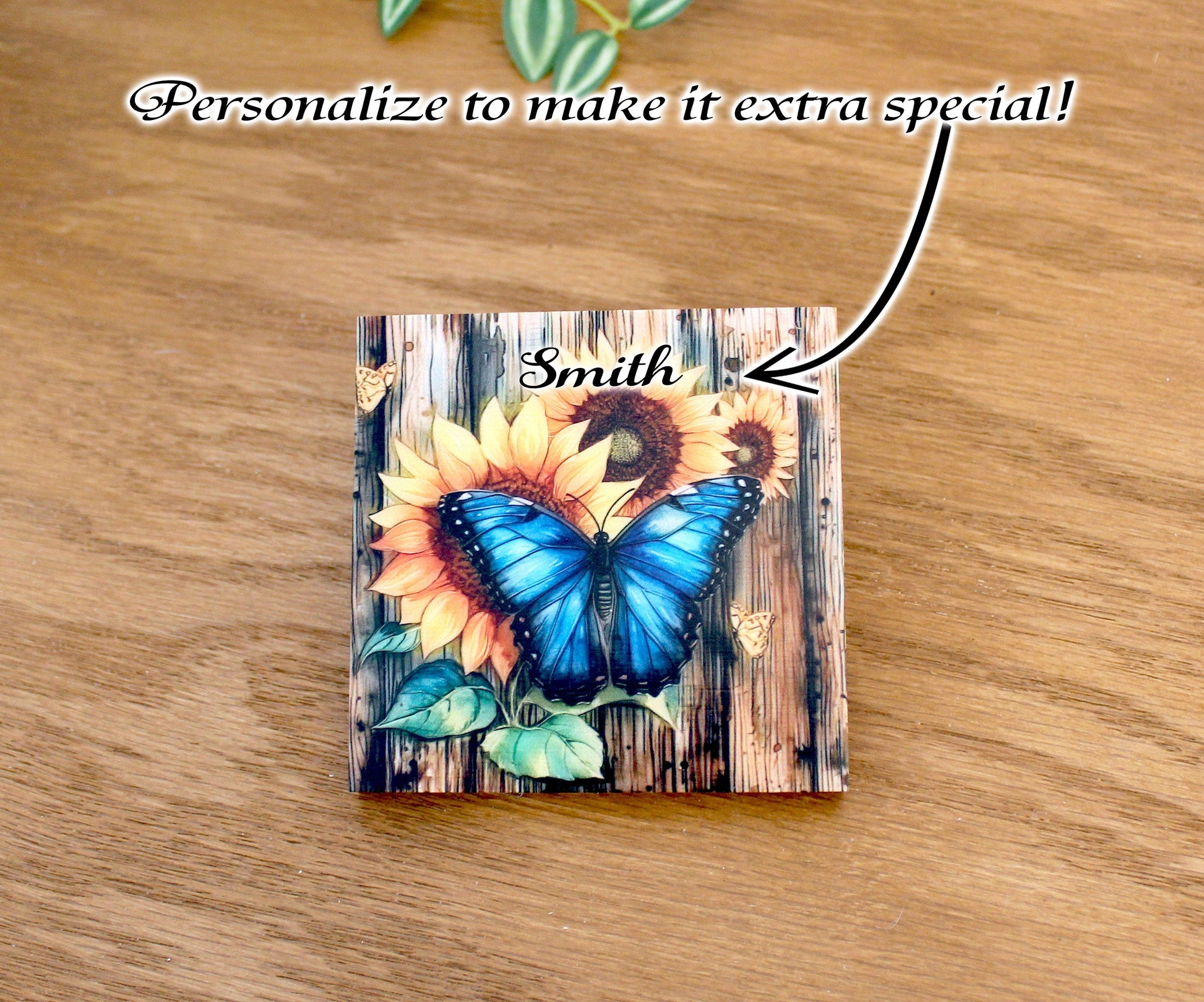 Personalized rustic wood coaster set of 4 with caddy, modern farmhouse table coasters, custom butterfly & sunflower lover gift, bamboo wood