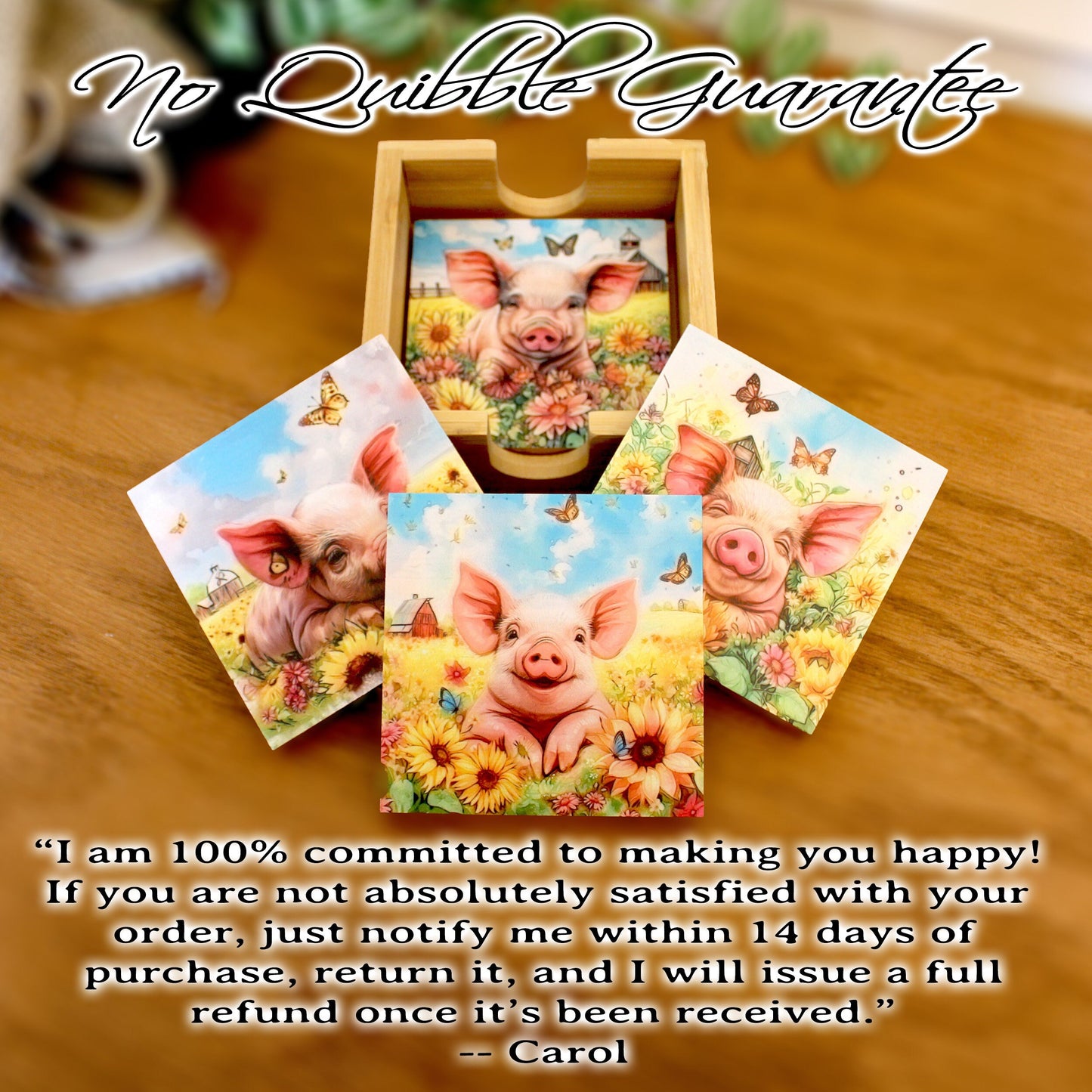 Personalized Coaster Set of 4, Cute Pig Lover Gift, Decorative Rustic Bamboo Table Protector, Charming Modern Farmhouse Decor,