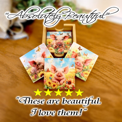 Personalized Coaster Set of 4, Cute Pig Lover Gift, Decorative Rustic Bamboo Table Protector, Charming Modern Farmhouse Decor,