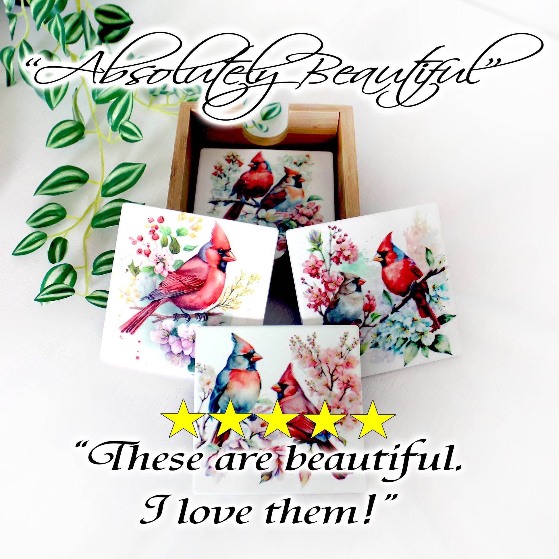 Beautiful Cardinal Decorated Bamboo Coasters w/ Bamboo Caddy, Spring Cardinals for your drinkware as Gift for Cardinal Lovers