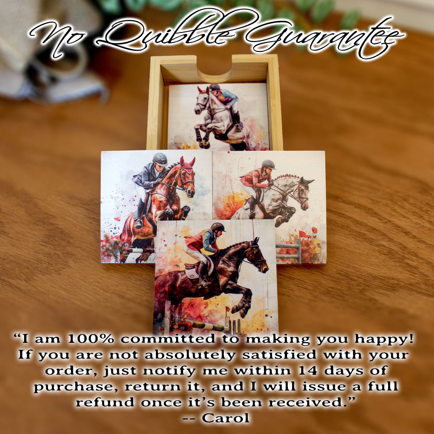 Personalized Equestrian Coaster Set of 4, Custom Horse Jumping Art Print, Steeplechase Gift, Horseback Riding Print, Tabletop Decoration