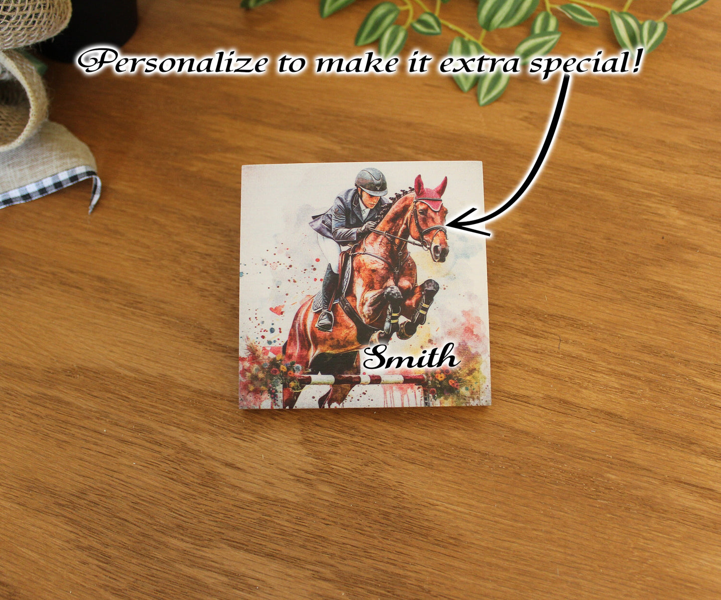 Personalized Equestrian Coaster Set of 4, Custom Horse Jumping Art Print, Steeplechase Gift, Horseback Riding Print, Tabletop Decoration