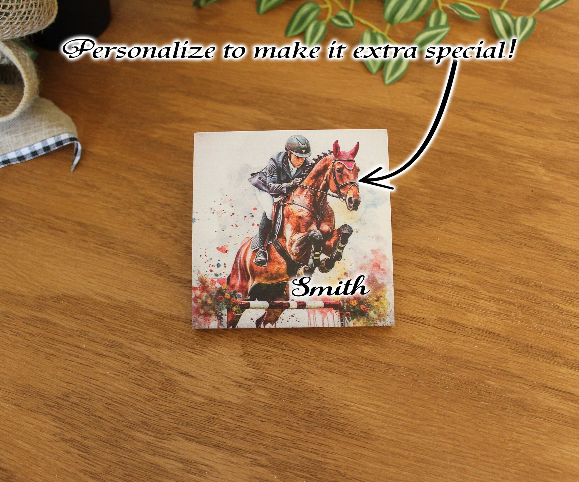 Personalized Equestrian Coaster Set of 4, Custom Horse Jumping Art Print, Steeplechase Gift, Horseback Riding Print, Tabletop Decoration