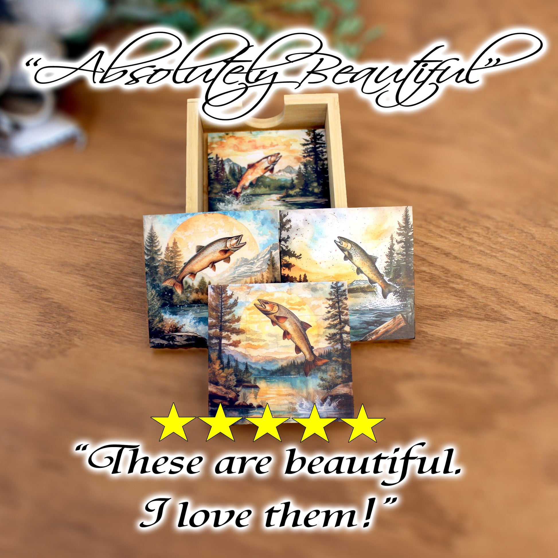 Personalized rustic wooden trout fishing drink coaster set of 4, modern farmhouse, fly fishing lovers gift, caddy included, decorative table