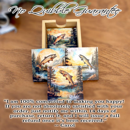 Personalized rustic wooden trout fishing drink coaster set of 4, modern farmhouse, fly fishing lovers gift, caddy included, decorative table