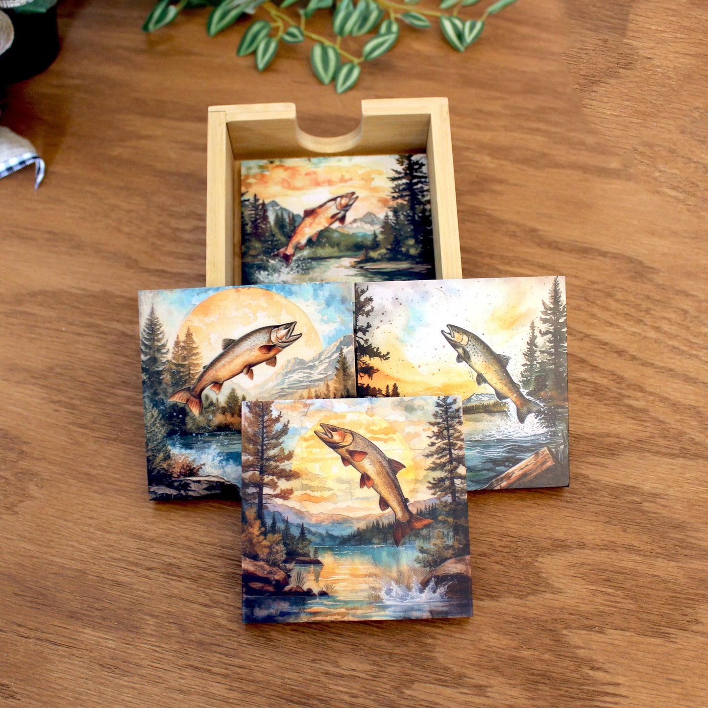 Personalized rustic wooden trout fishing drink coaster set of 4, modern farmhouse, fly fishing lovers gift, caddy included, decorative table