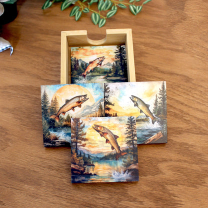 Personalized rustic wooden trout fishing drink coaster set of 4, modern farmhouse, fly fishing lovers gift, caddy included, decorative table