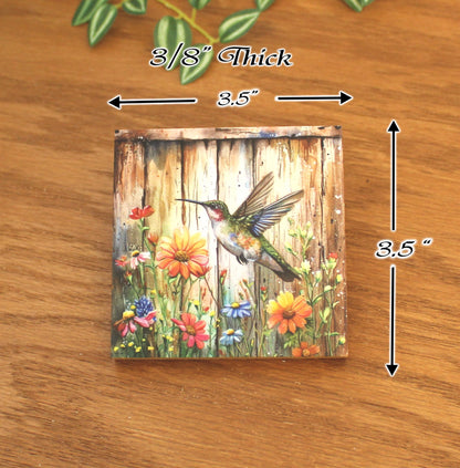 Personalized rustic wood coaster set of 4 with caddy, modern farmhouse table coasters, hummingbird lover gift, pallet style art, bamboo wood