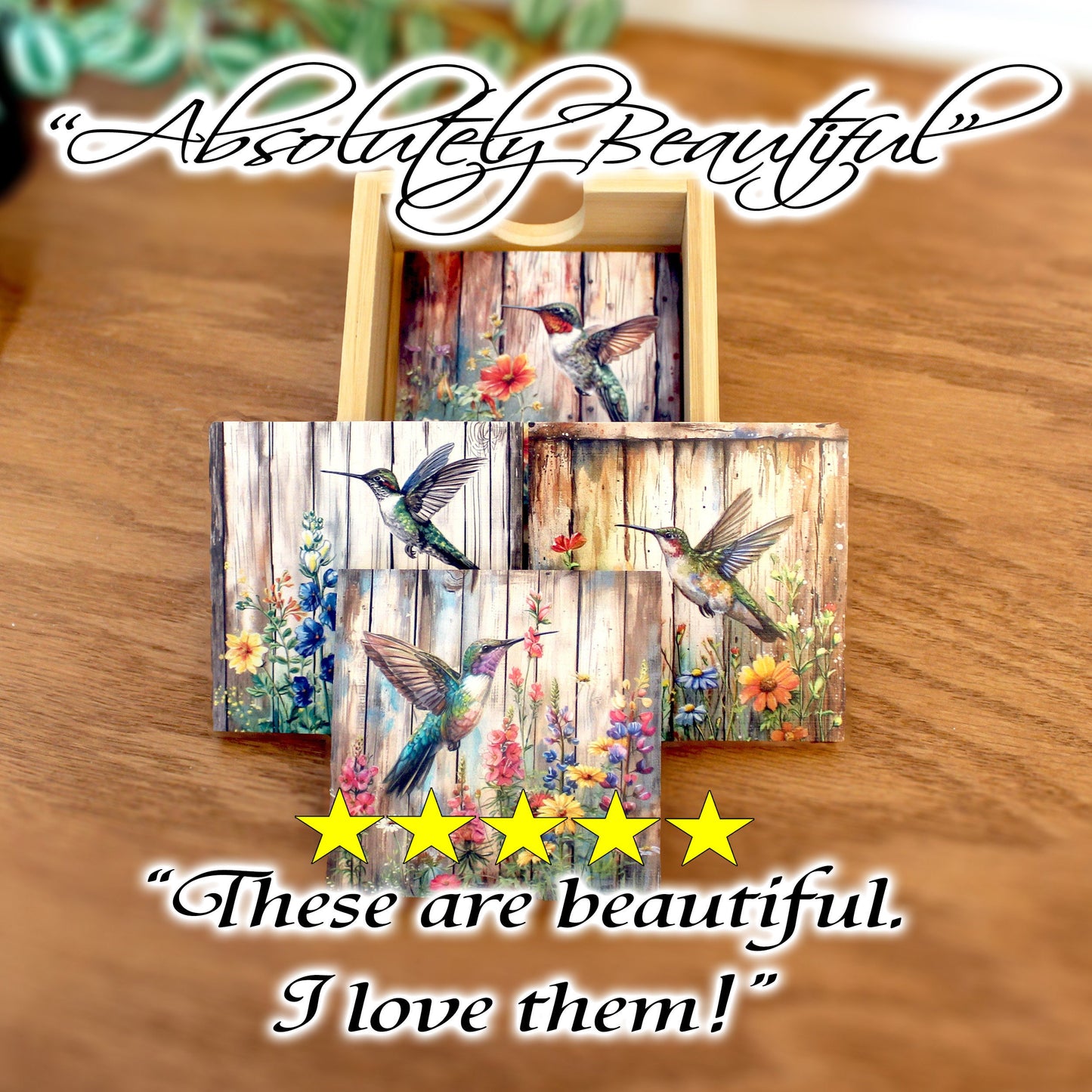 Personalized rustic wood coaster set of 4 with caddy, modern farmhouse table coasters, hummingbird lover gift, pallet style art, bamboo wood