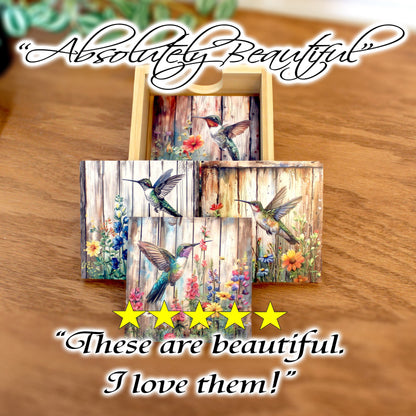Personalized rustic wood coaster set of 4 with caddy, modern farmhouse table coasters, hummingbird lover gift, pallet style art, bamboo wood
