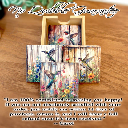 Personalized rustic wood coaster set of 4 with caddy, modern farmhouse table coasters, hummingbird lover gift, pallet style art, bamboo wood