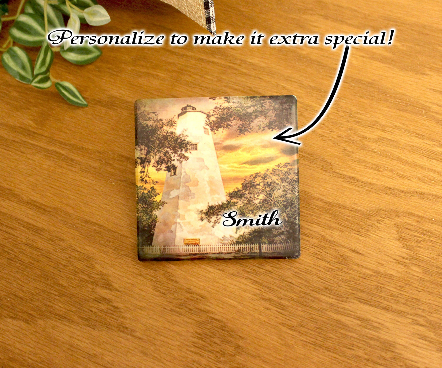 Set of 4 North Carolina Lighthouse Coasters with a caddy. Bamboo Coasters Decorated with Art Prints in UV Ink, Beach Decor, Nautical Decor