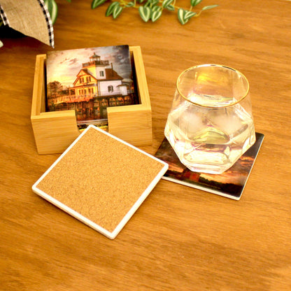 Set of 4 North Carolina Lighthouse Coasters with a caddy. Bamboo Coasters Decorated with Art Prints in UV Ink, Beach Decor, Nautical Decor