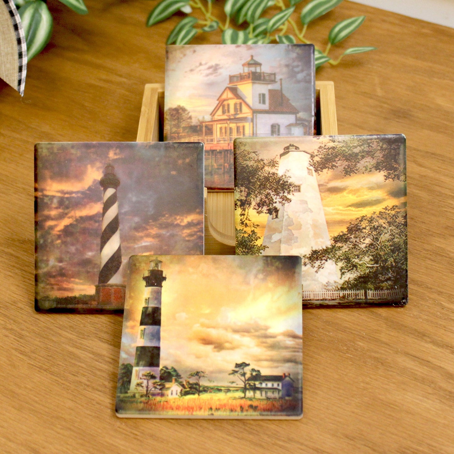 Set of 4 North Carolina Lighthouse Coasters with a caddy. Bamboo Coasters Decorated with Art Prints in UV Ink, Beach Decor, Nautical Decor