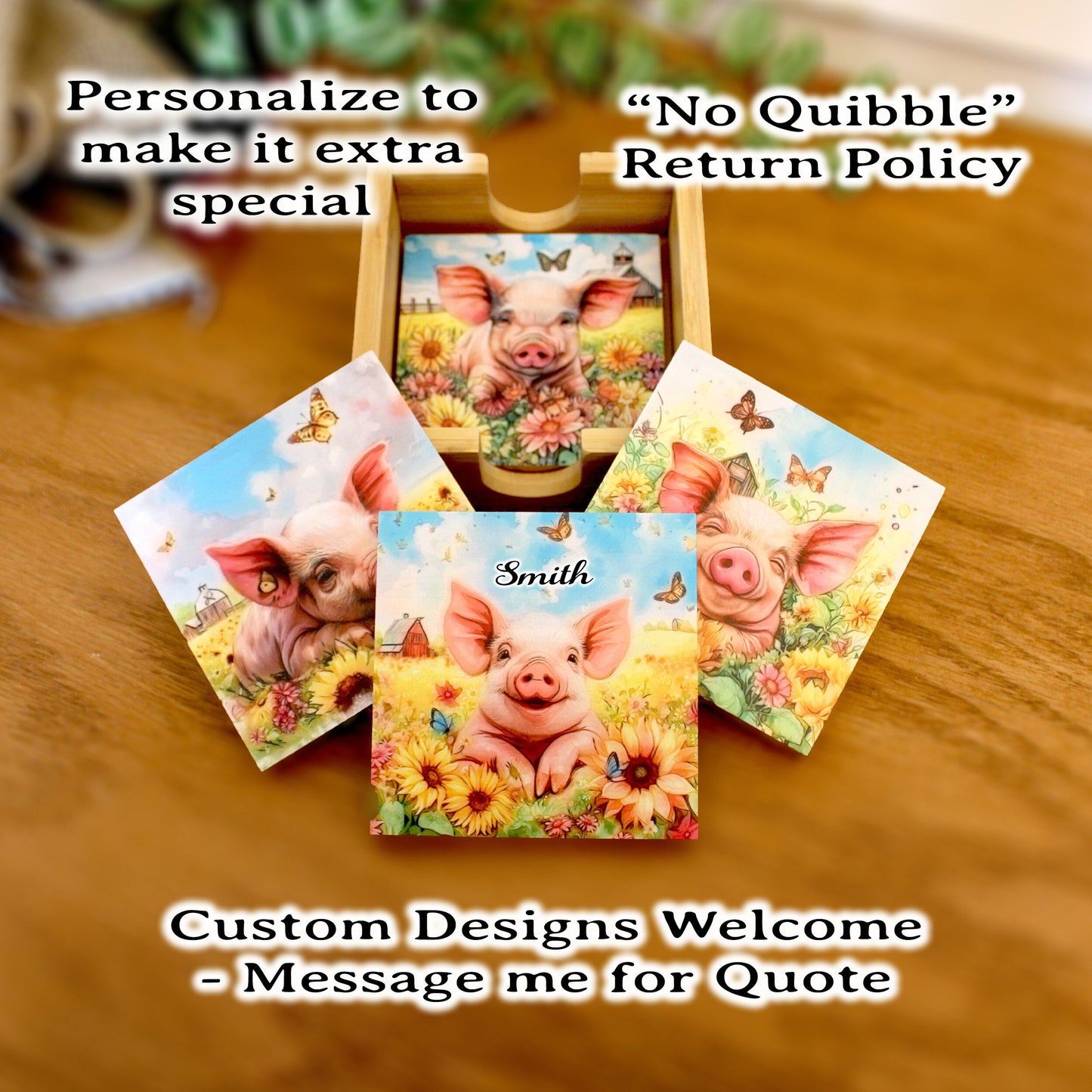 Personalized Coaster Set of 4, Cute Pig Lover Gift, Decorative Rustic Bamboo Table Protector, Charming Modern Farmhouse Decor,