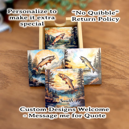 Personalized rustic wooden trout fishing drink coaster set of 4, modern farmhouse, fly fishing lovers gift, caddy included, decorative table