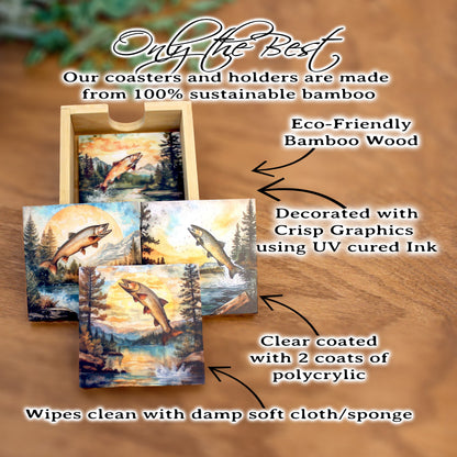 Personalized rustic wooden trout fishing drink coaster set of 4, modern farmhouse, fly fishing lovers gift, caddy included, decorative table