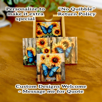 Personalized rustic wood coaster set of 4 with caddy, modern farmhouse table coasters, custom butterfly & sunflower lover gift, bamboo wood
