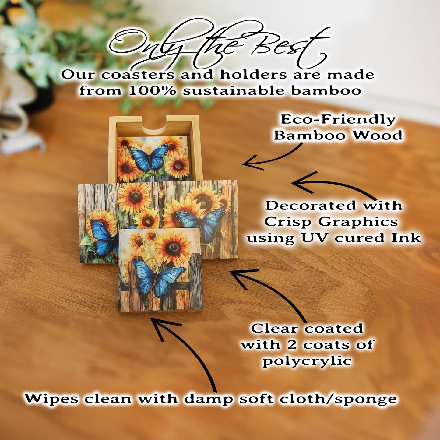 Personalized rustic wood coaster set of 4 with caddy, modern farmhouse table coasters, custom butterfly & sunflower lover gift, bamboo wood
