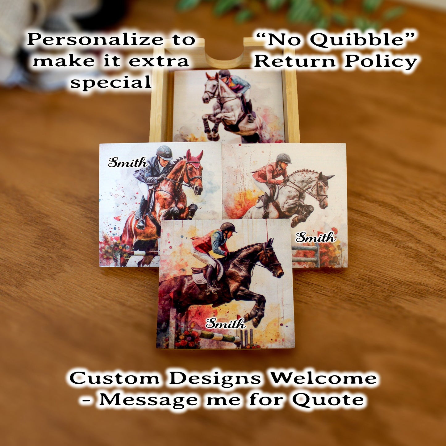 Personalized Equestrian Coaster Set of 4, Custom Horse Jumping Art Print, Steeplechase Gift, Horseback Riding Print, Tabletop Decoration