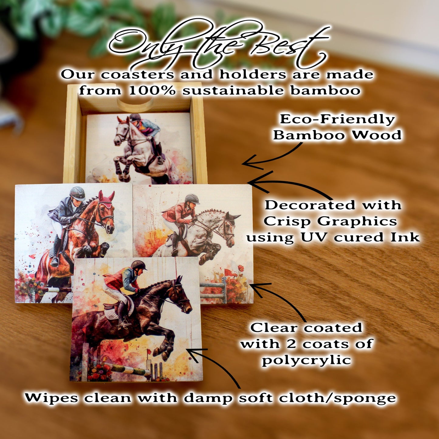 Personalized Equestrian Coaster Set of 4, Custom Horse Jumping Art Print, Steeplechase Gift, Horseback Riding Print, Tabletop Decoration