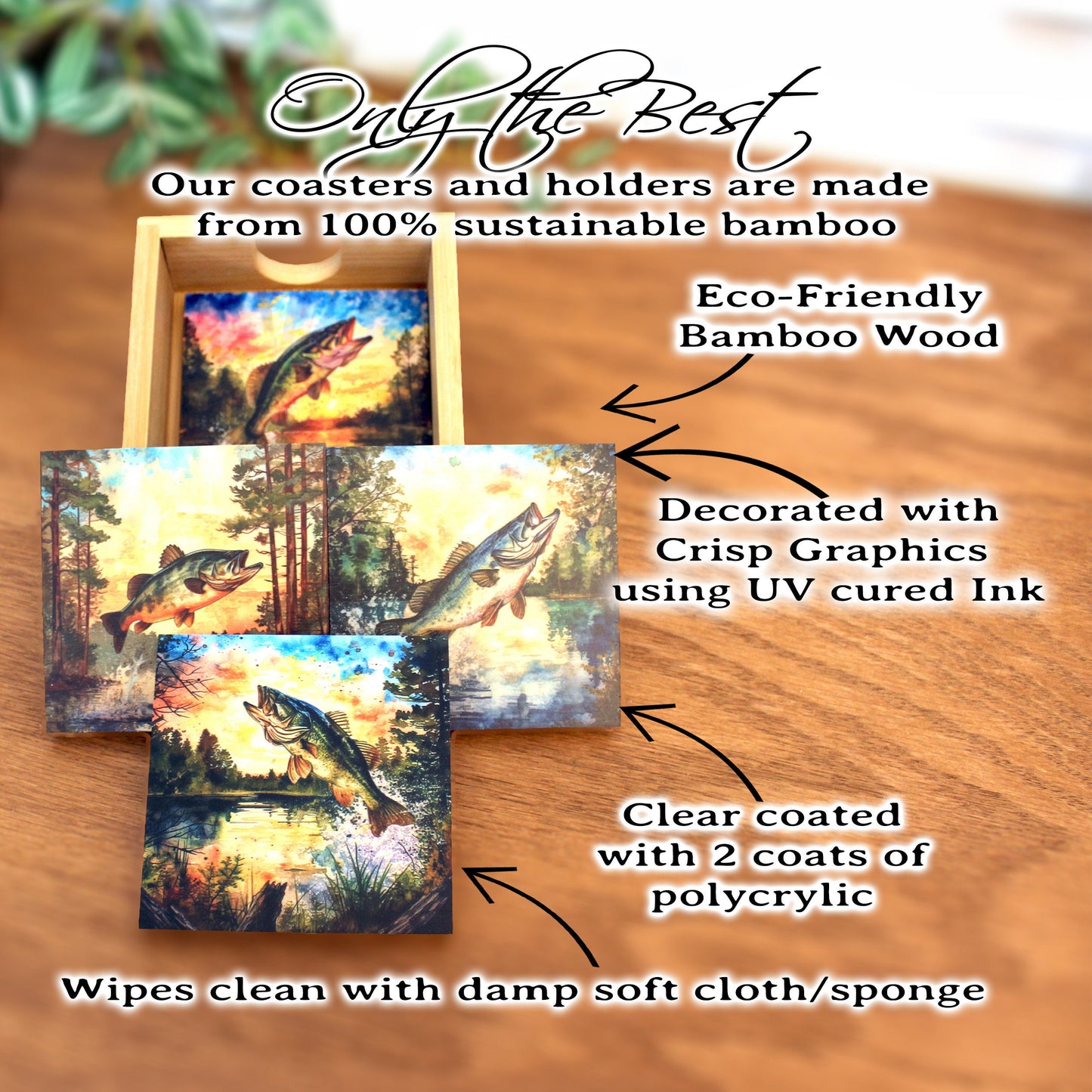 Personalized rustic wooden bass fishing drink coaster set of 4, modern farmhouse, fishing lovers gift, caddy included, decorative table