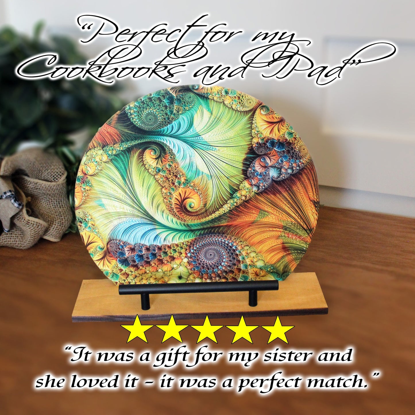 Personalized wooden cookbook stand, tablet & Ipad holder, Multi-Color Factal Design, Family Recipe Holder, UV Printed Bamboo Stand, Easel