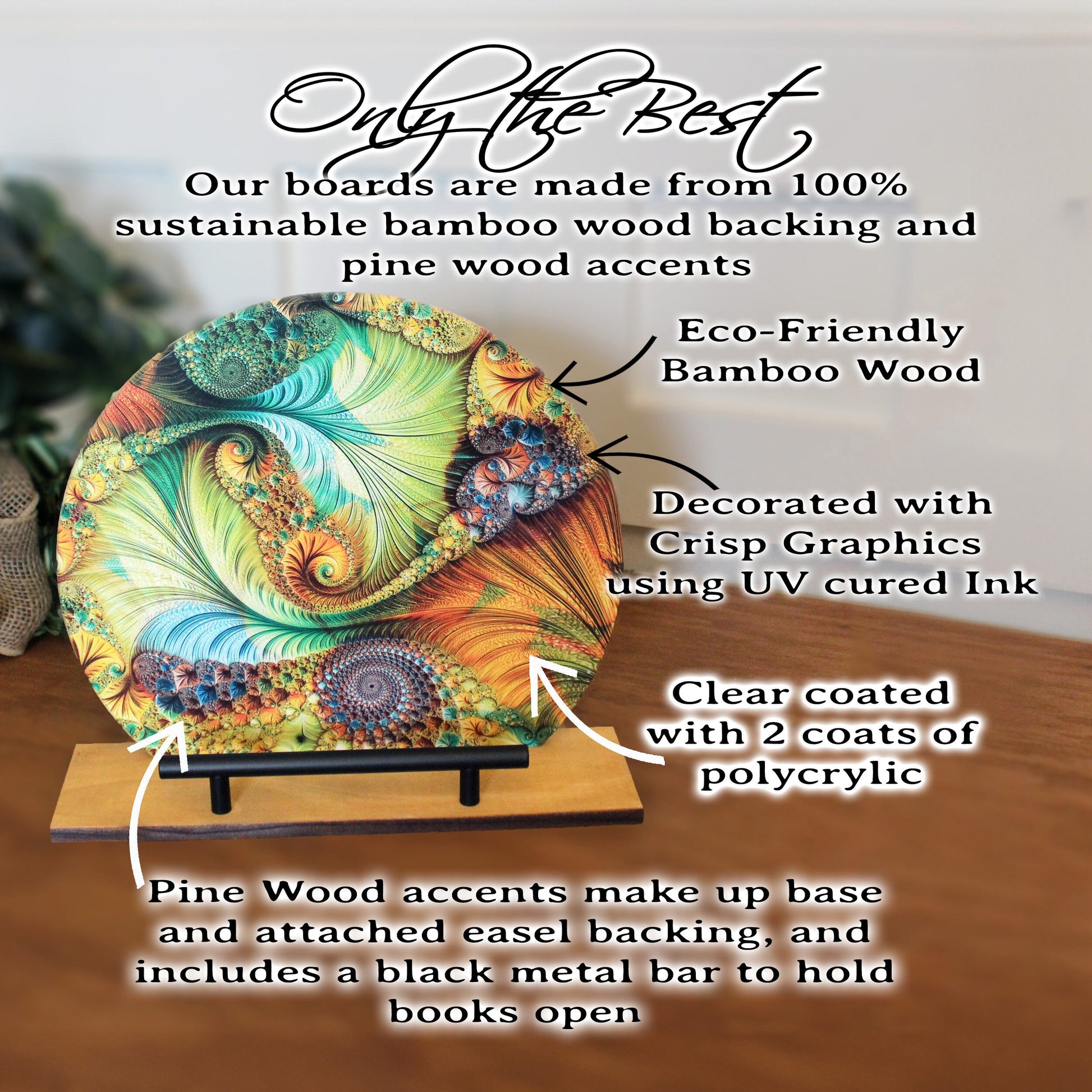 Personalized wooden cookbook stand, tablet & Ipad holder, Multi-Color Factal Design, Family Recipe Holder, UV Printed Bamboo Stand, Easel