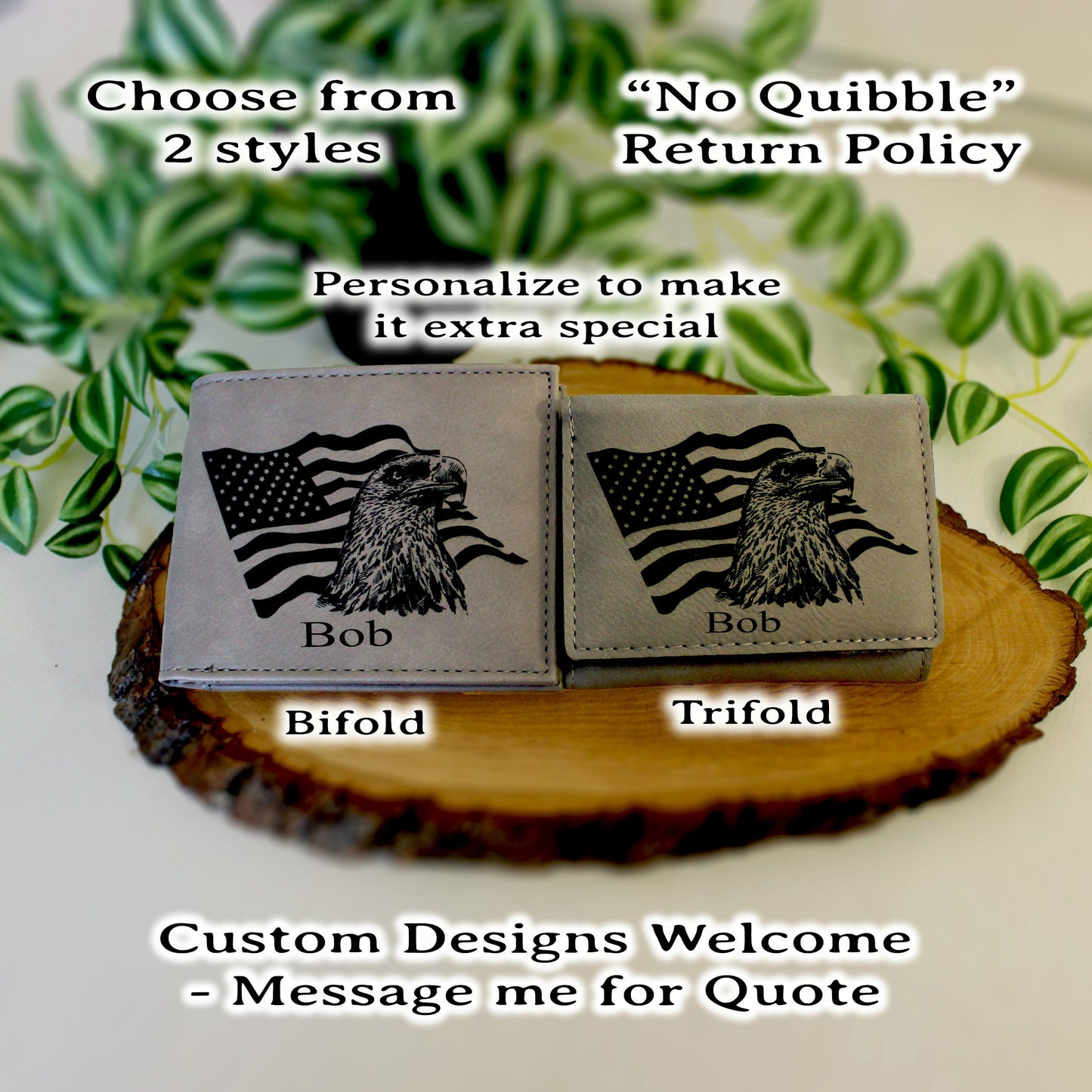 Men's Leather Bifold/Trifold Patriotic Wallet. Perfect Patriotic gift. Eagle with American Flag waving behind it Engraved on Wallet Front